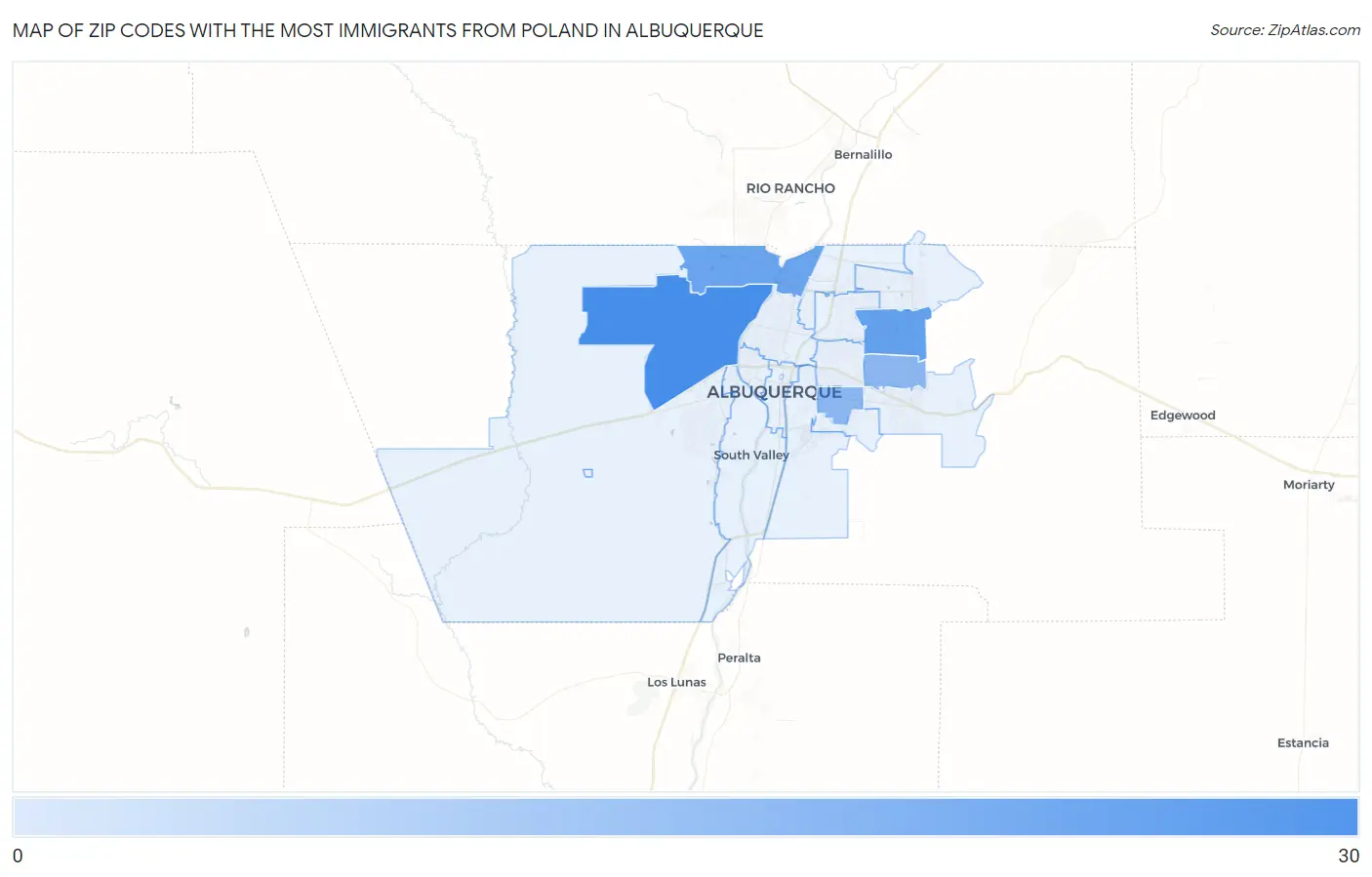 Zip Codes with the Most Immigrants from Poland in Albuquerque Map