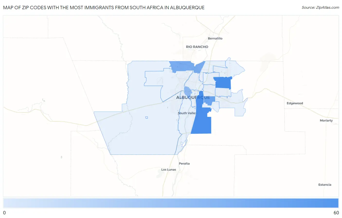 Zip Codes with the Most Immigrants from South Africa in Albuquerque Map