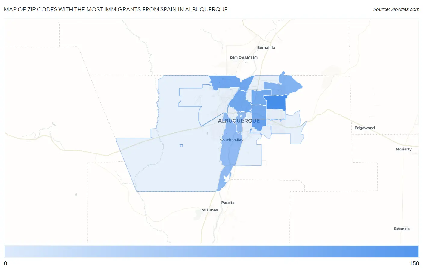 Zip Codes with the Most Immigrants from Spain in Albuquerque Map