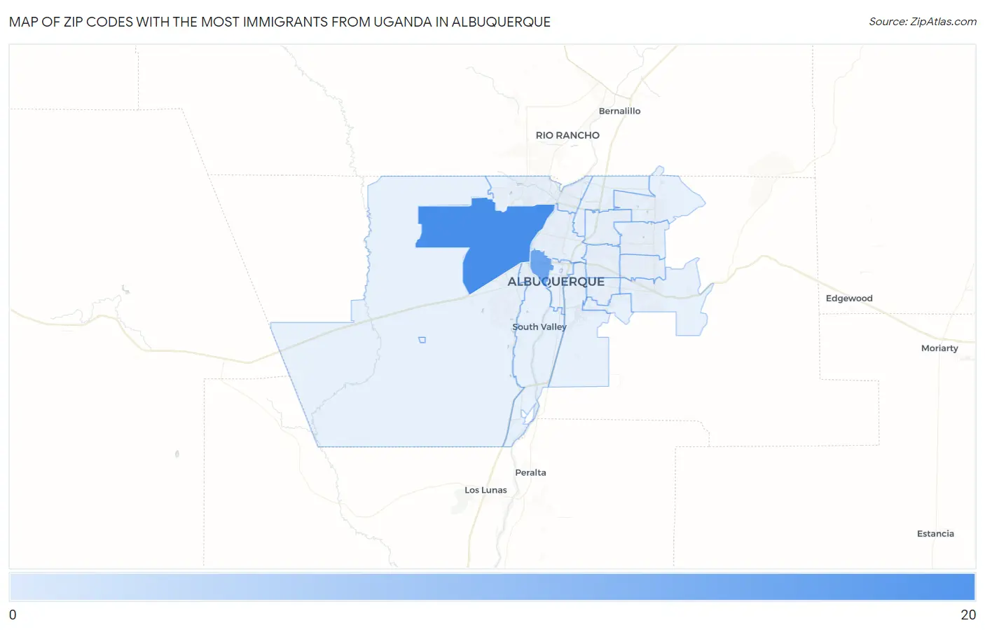 Zip Codes with the Most Immigrants from Uganda in Albuquerque Map