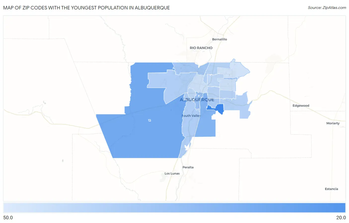 Zip Codes with the Youngest Population in Albuquerque Map