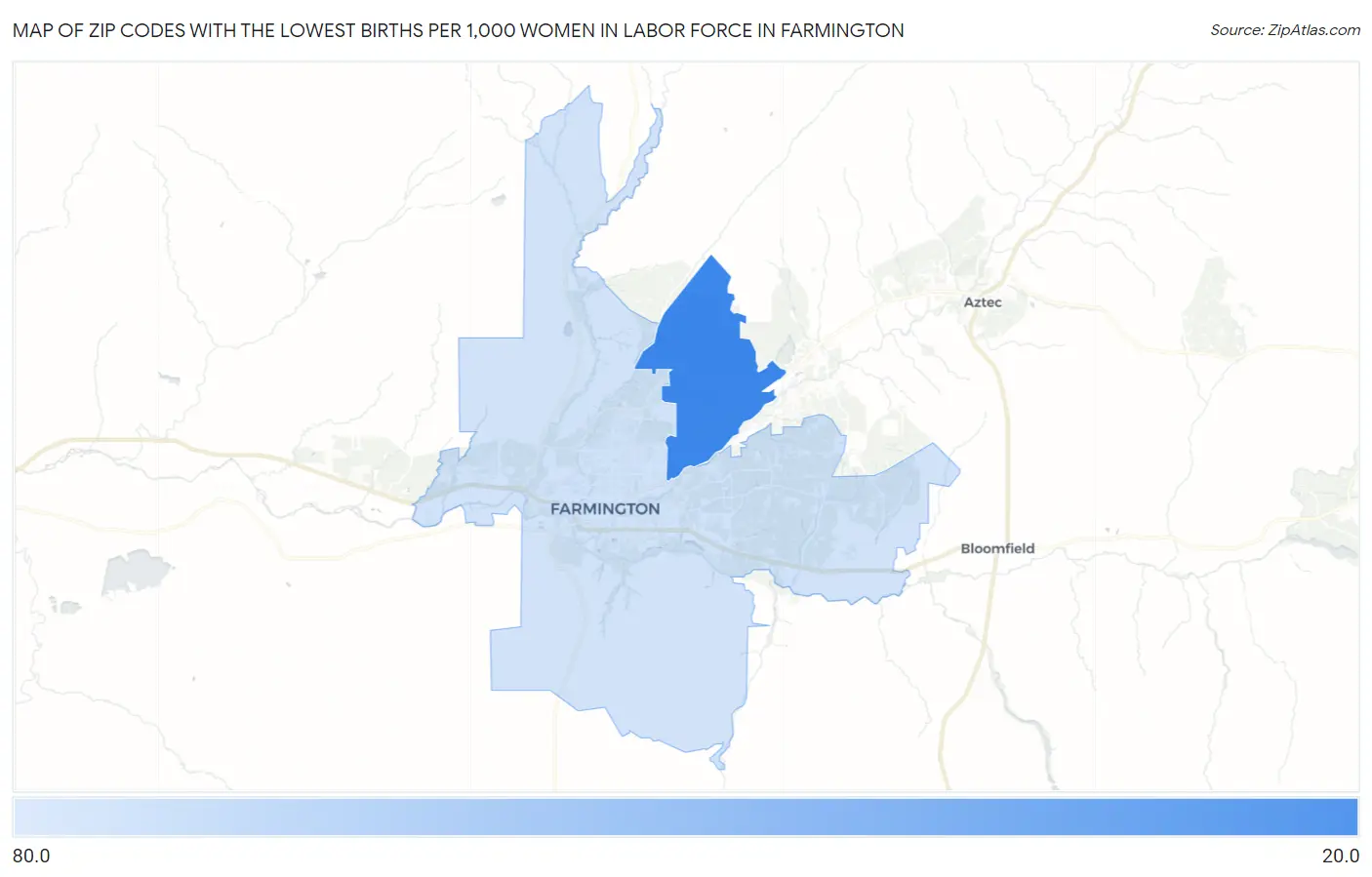 Zip Codes with the Lowest Births per 1,000 Women in Labor Force in Farmington Map