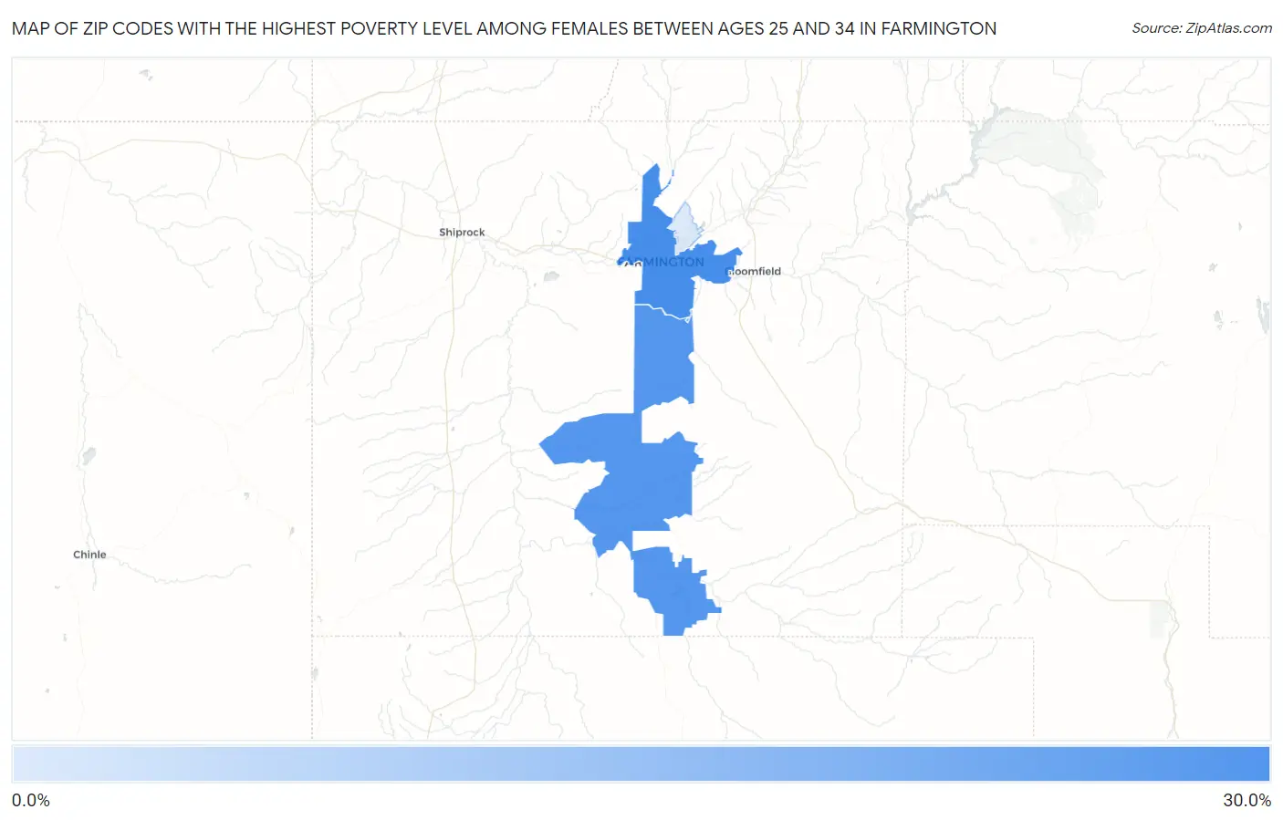 Zip Codes with the Highest Poverty Level Among Females Between Ages 25 and 34 in Farmington Map