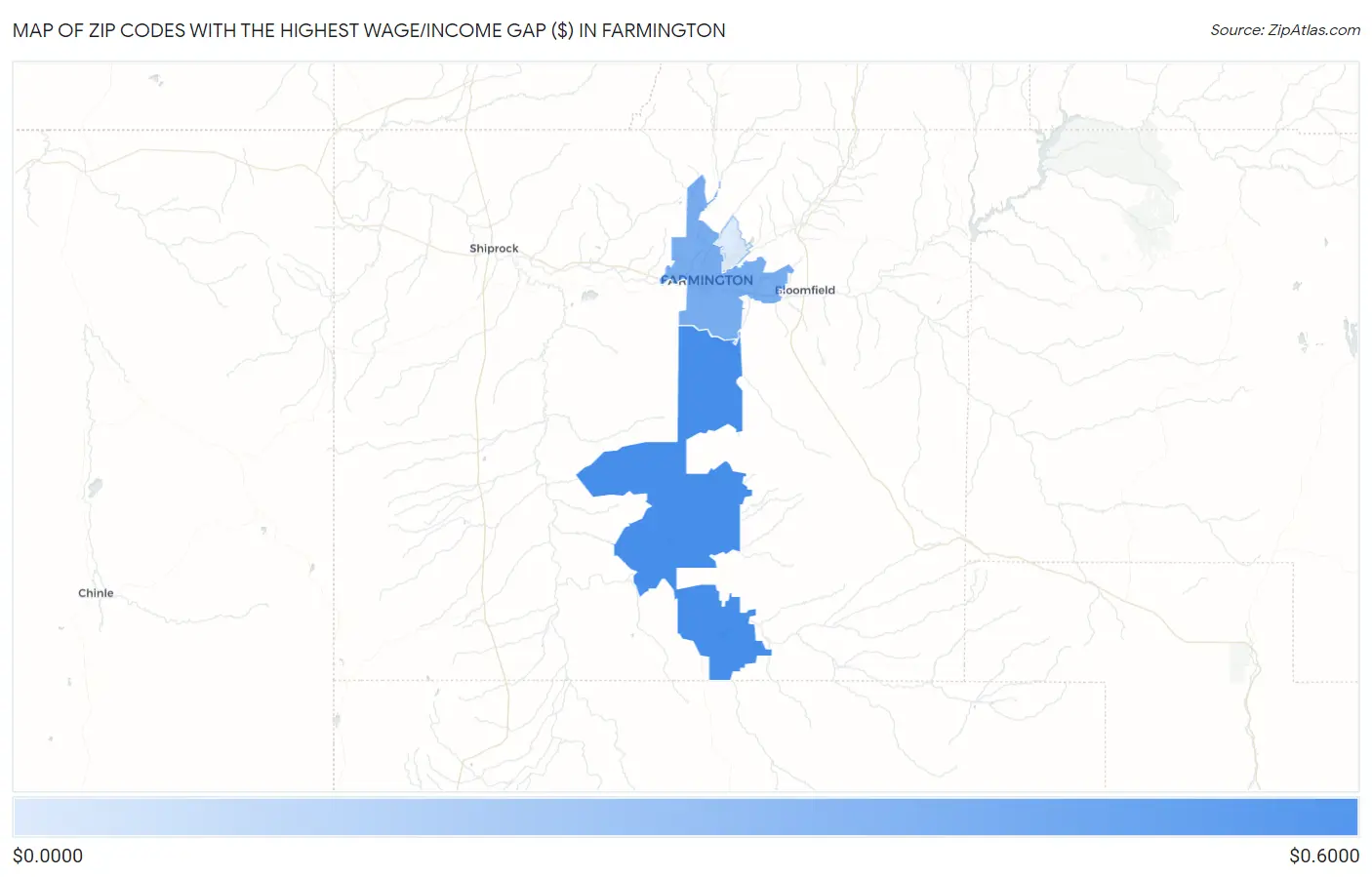 Zip Codes with the Highest Wage/Income Gap ($) in Farmington Map