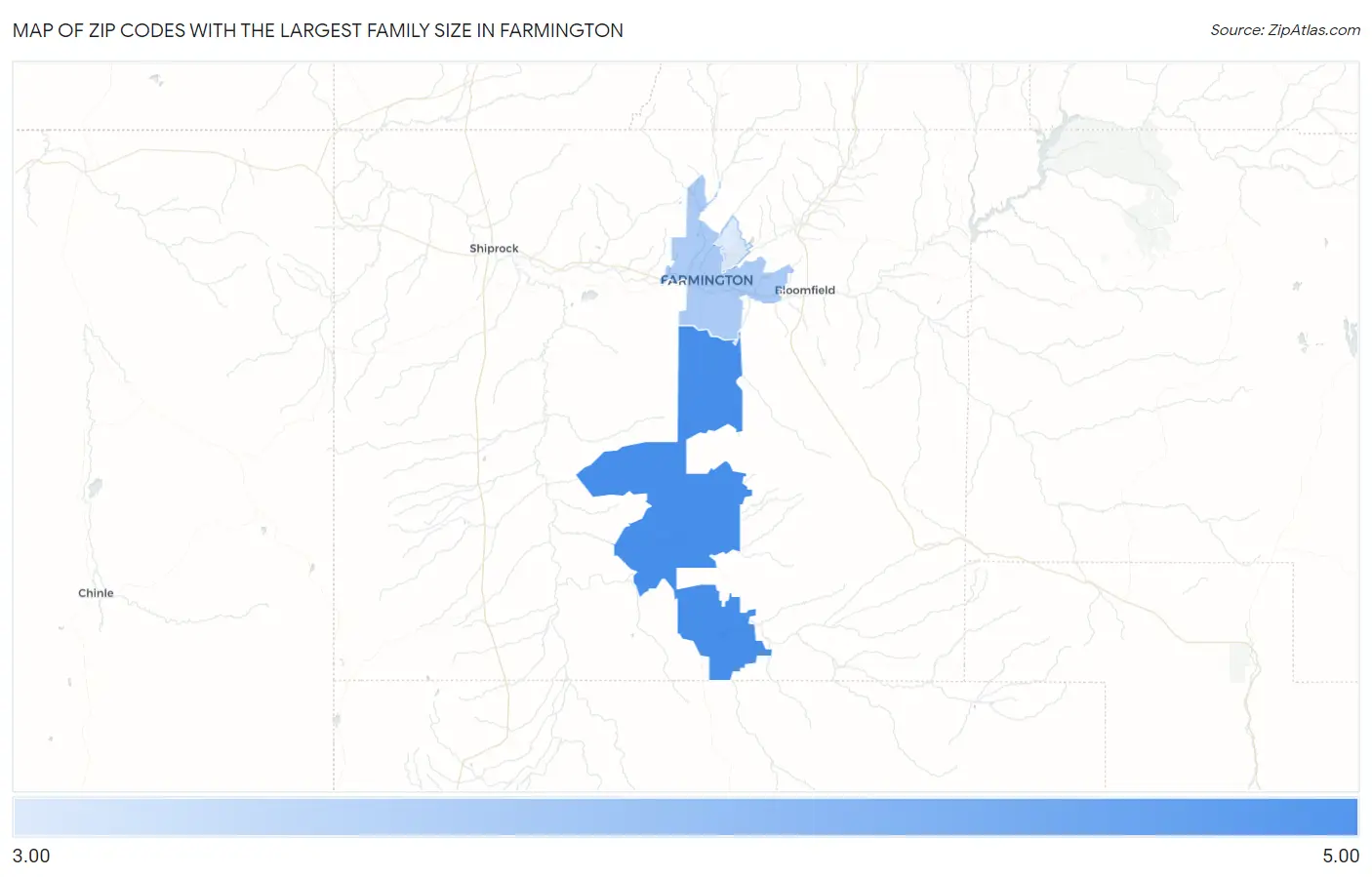 Zip Codes with the Largest Family Size in Farmington Map