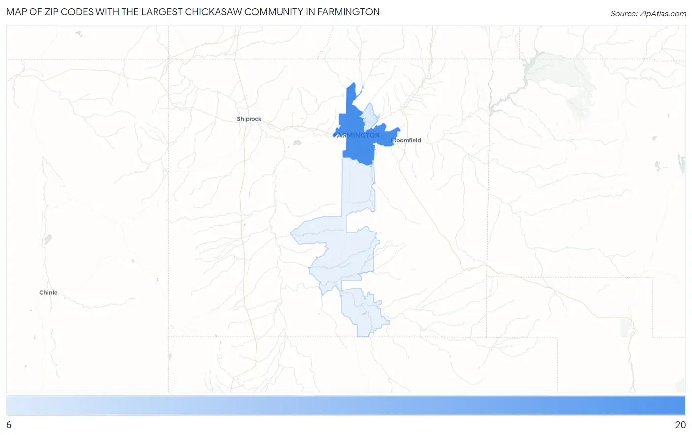 Zip Codes with the Largest Chickasaw Community in Farmington Map