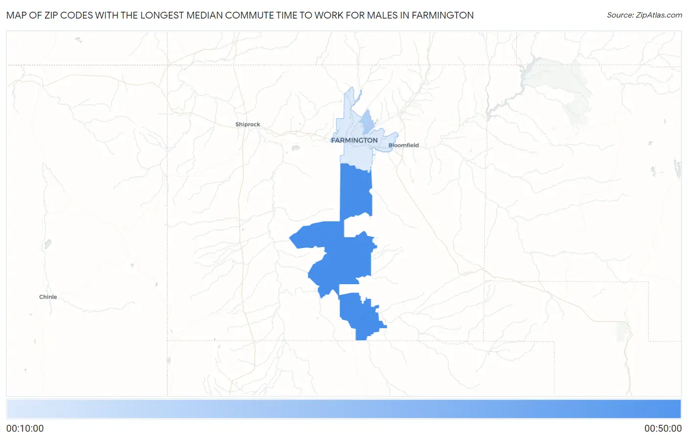 Zip Codes with the Longest Median Commute Time to Work for Males in Farmington Map