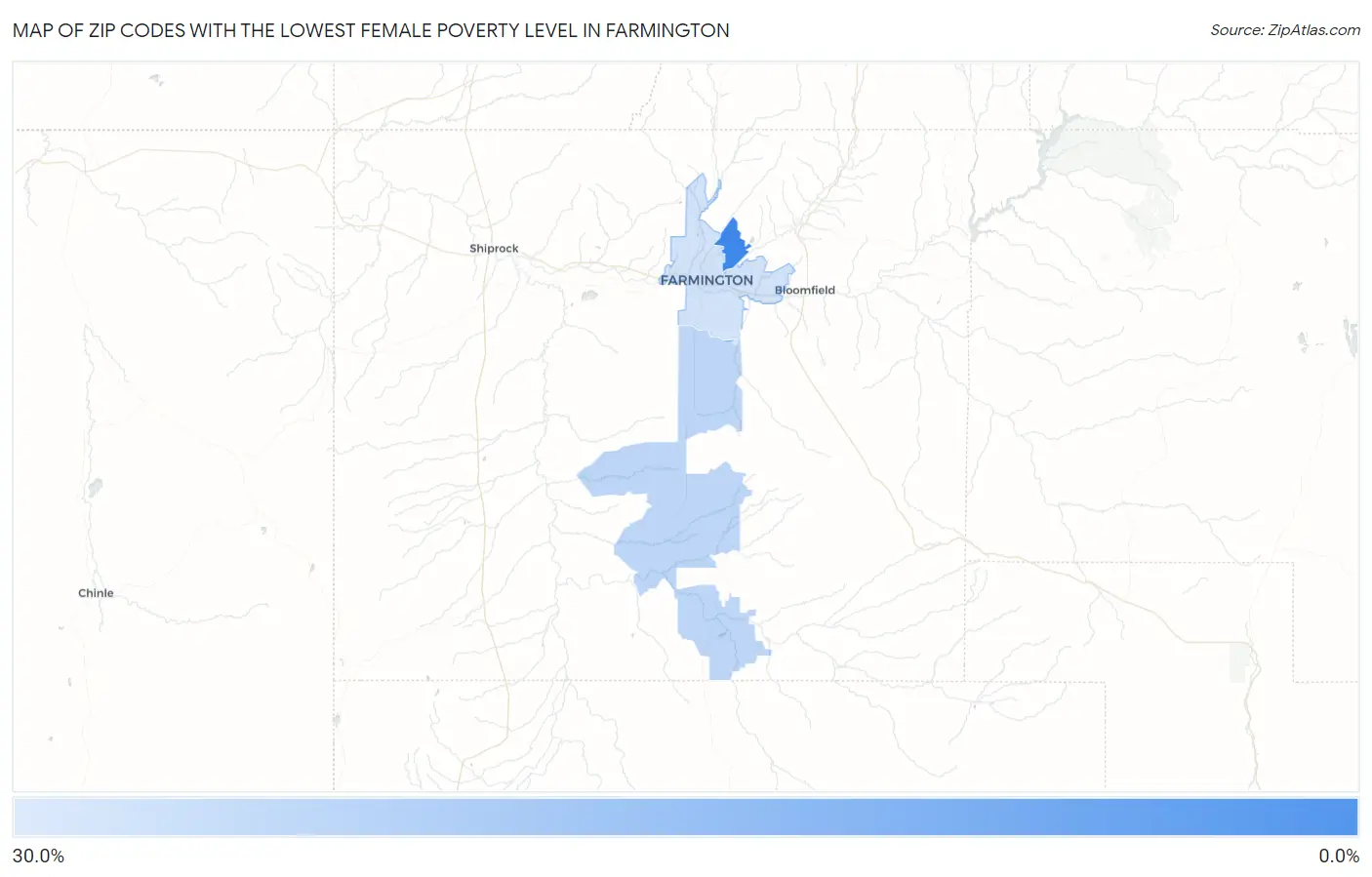 Zip Codes with the Lowest Female Poverty Level in Farmington Map