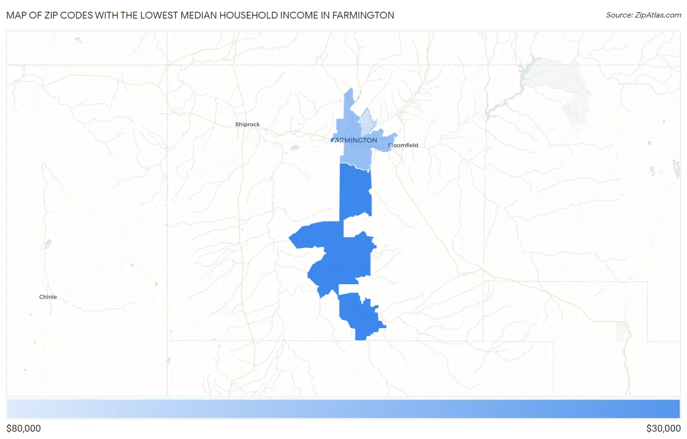 Zip Codes with the Lowest Median Household Income in Farmington Map