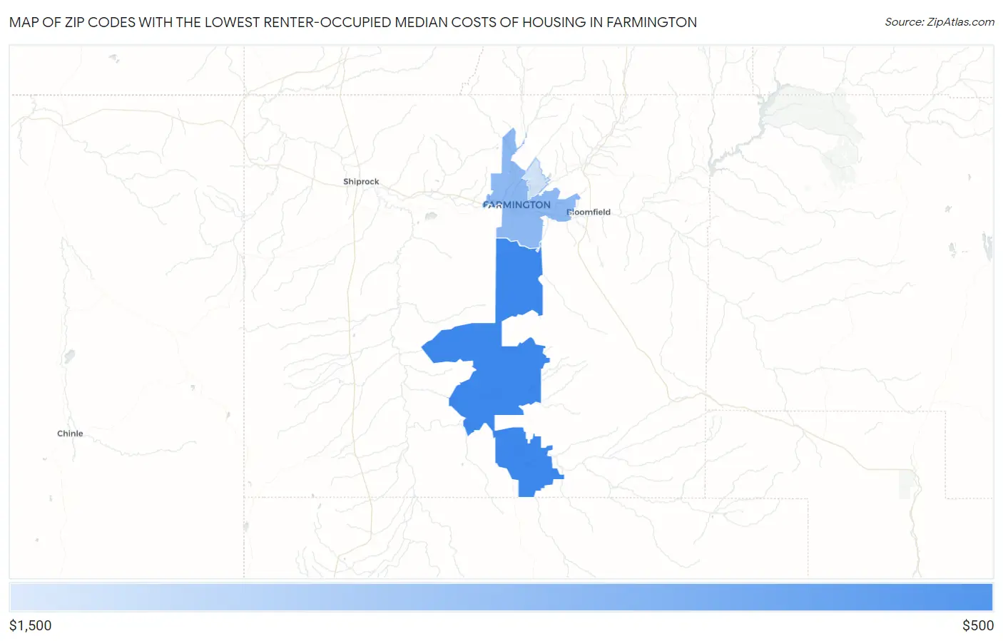 Zip Codes with the Lowest Renter-Occupied Median Costs of Housing in Farmington Map