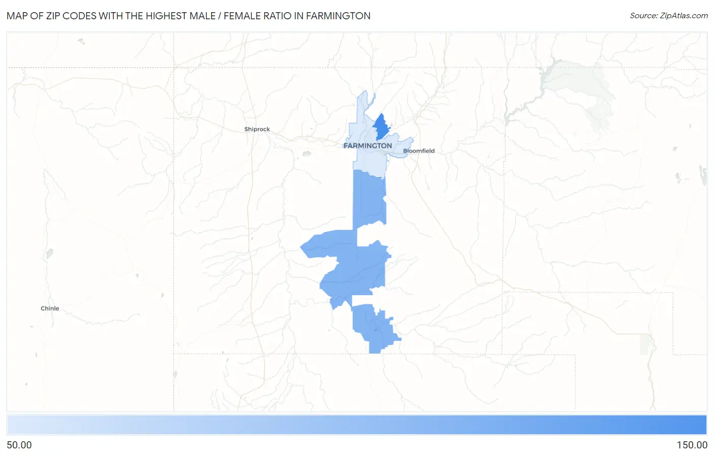 Zip Codes with the Highest Male / Female Ratio in Farmington Map