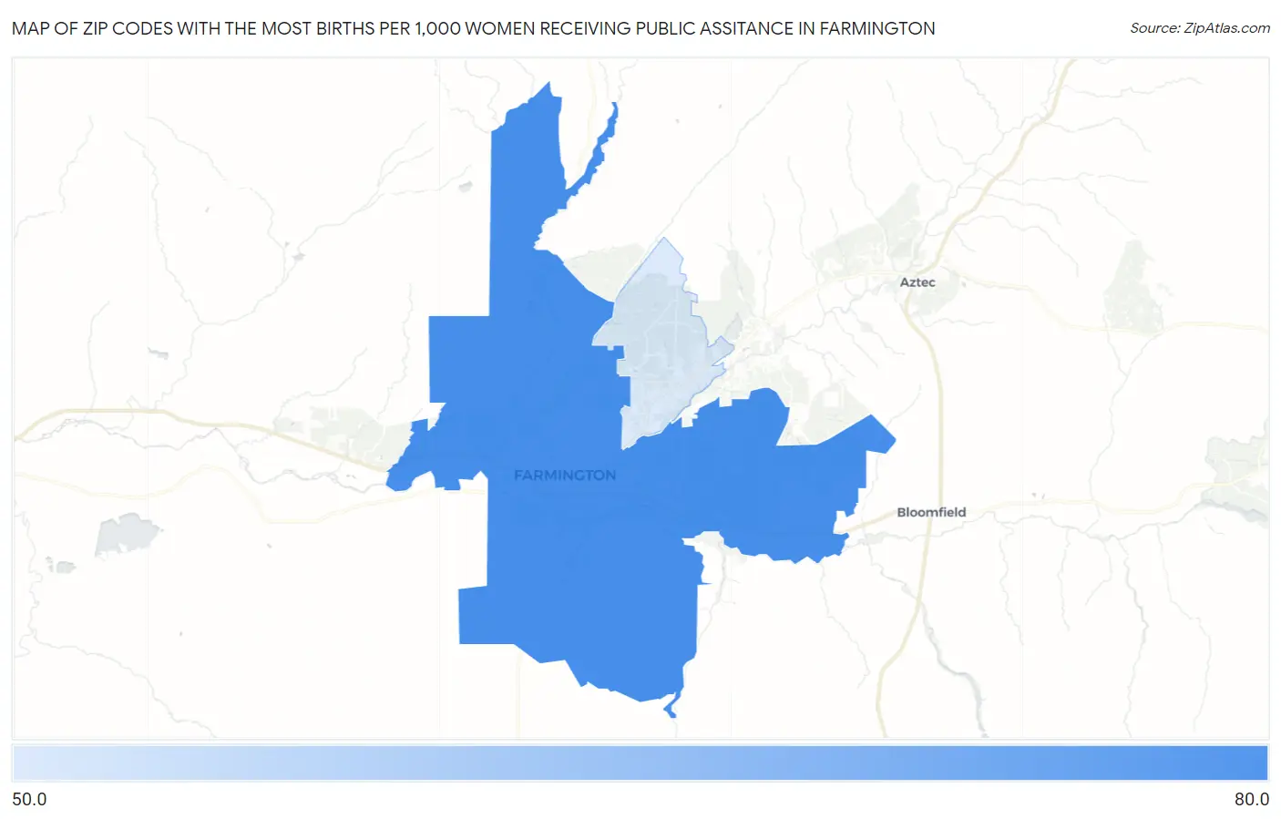 Zip Codes with the Most Births per 1,000 Women Receiving Public Assitance in Farmington Map