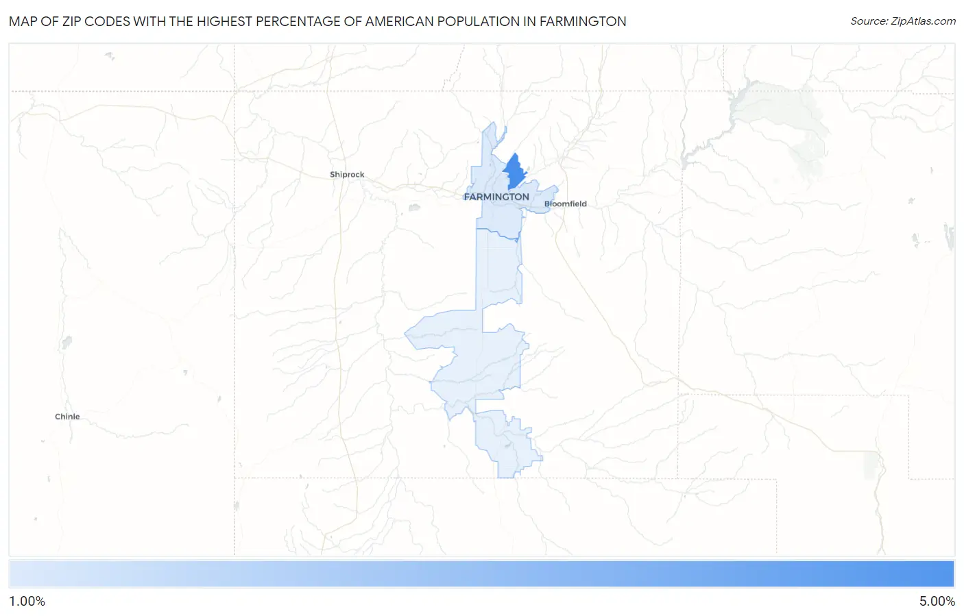 Zip Codes with the Highest Percentage of American Population in Farmington Map