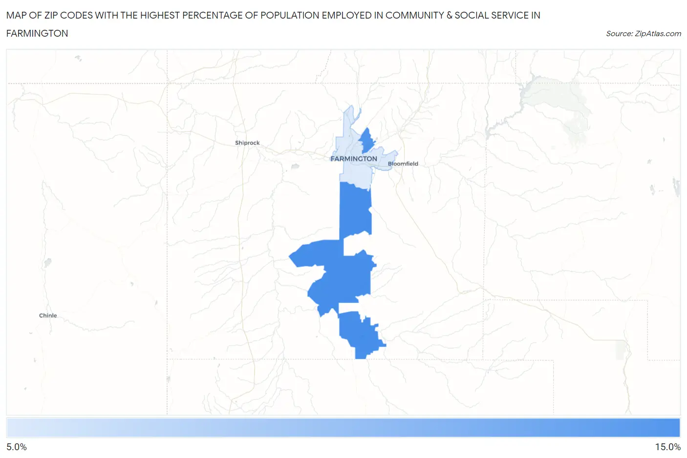 Zip Codes with the Highest Percentage of Population Employed in Community & Social Service  in Farmington Map
