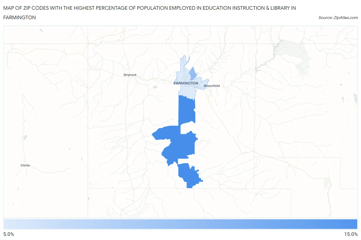 Zip Codes with the Highest Percentage of Population Employed in Education Instruction & Library in Farmington Map