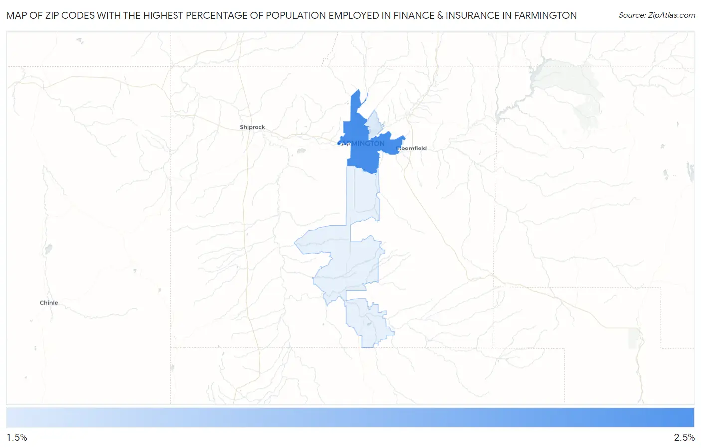 Zip Codes with the Highest Percentage of Population Employed in Finance & Insurance in Farmington Map