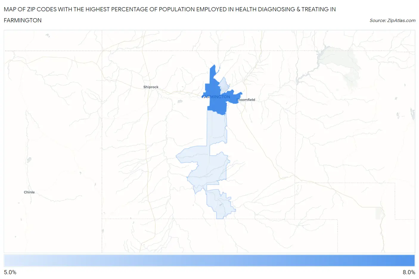 Zip Codes with the Highest Percentage of Population Employed in Health Diagnosing & Treating in Farmington Map