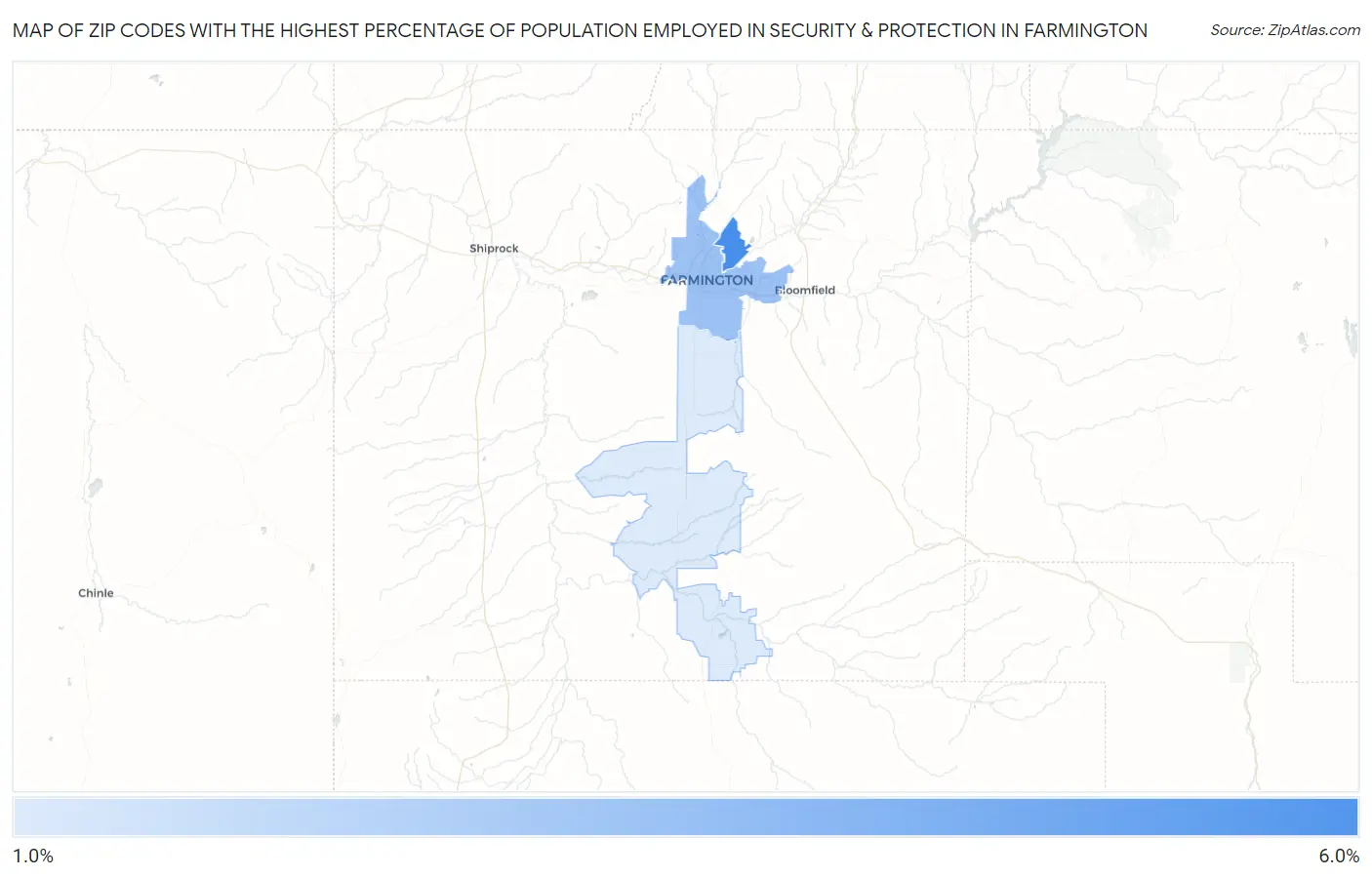 Zip Codes with the Highest Percentage of Population Employed in Security & Protection in Farmington Map