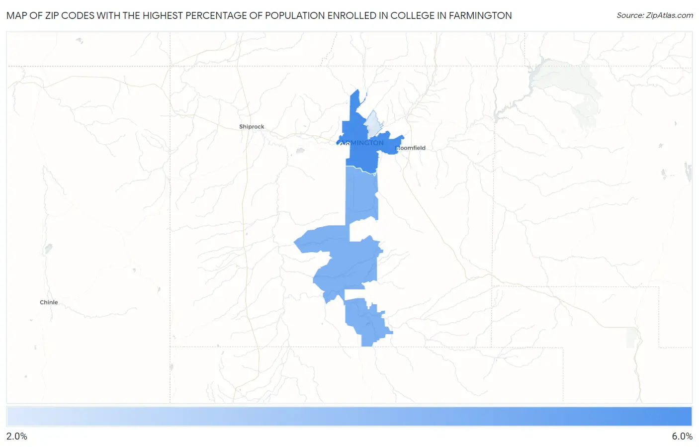 Zip Codes with the Highest Percentage of Population Enrolled in College in Farmington Map