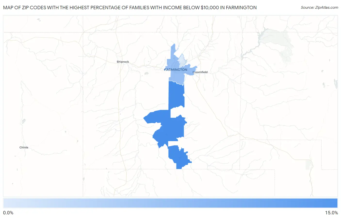 Zip Codes with the Highest Percentage of Families with Income Below $10,000 in Farmington Map