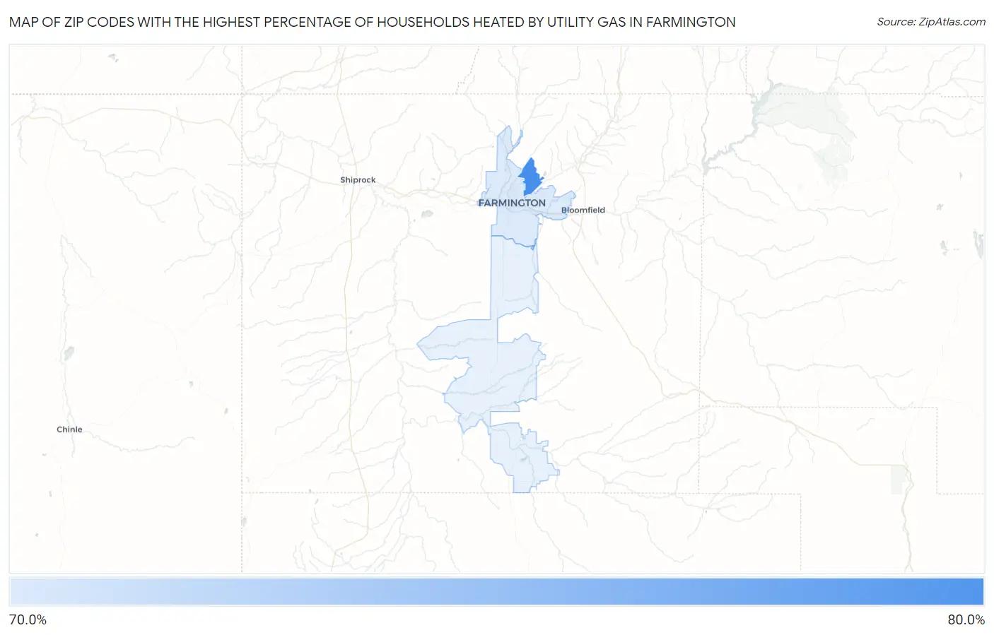 Zip Codes with the Highest Percentage of Households Heated by Utility Gas in Farmington Map