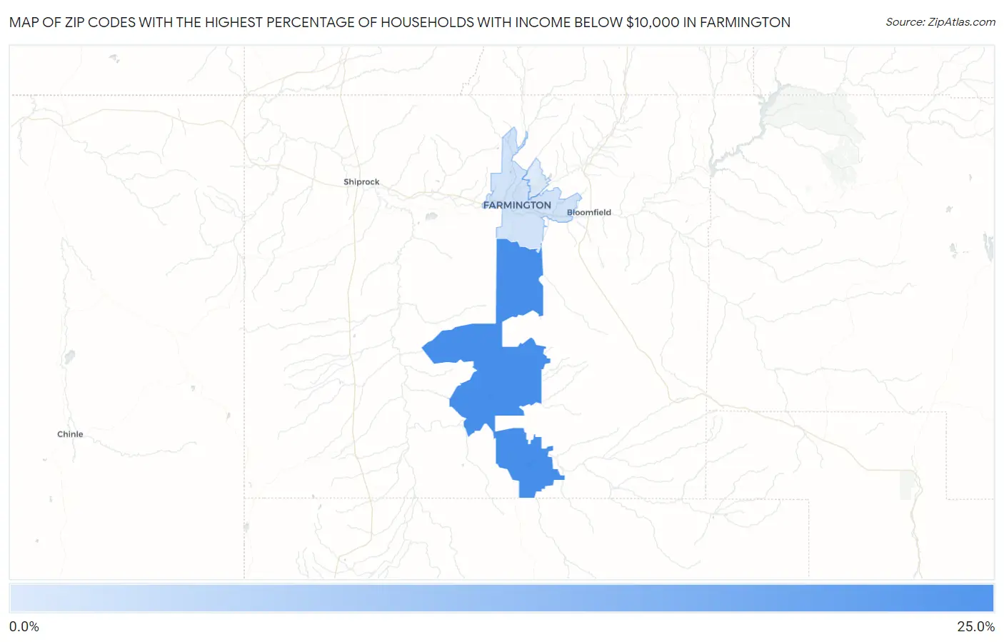 Zip Codes with the Highest Percentage of Households with Income Below $10,000 in Farmington Map