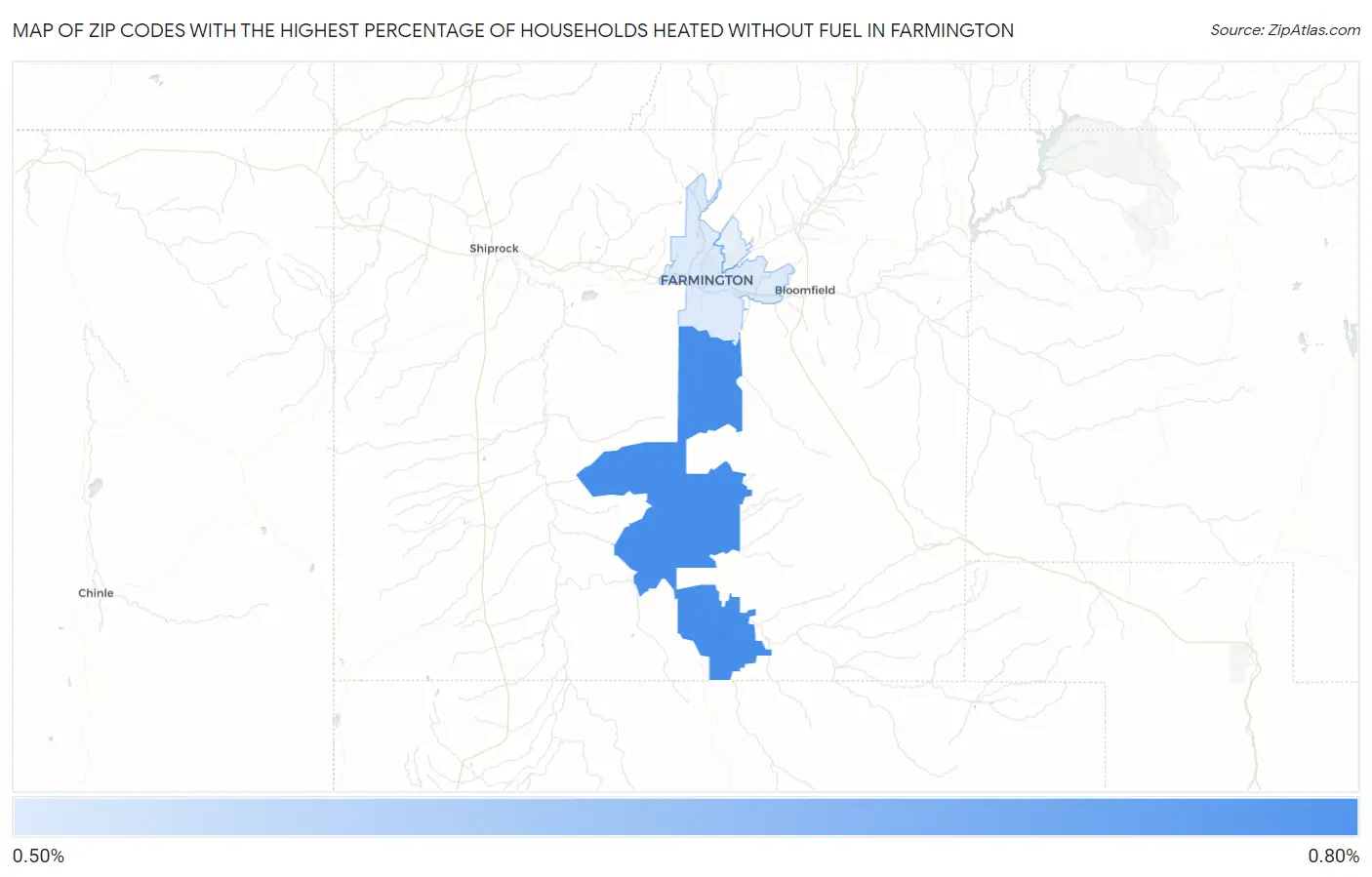 Zip Codes with the Highest Percentage of Households Heated without Fuel in Farmington Map
