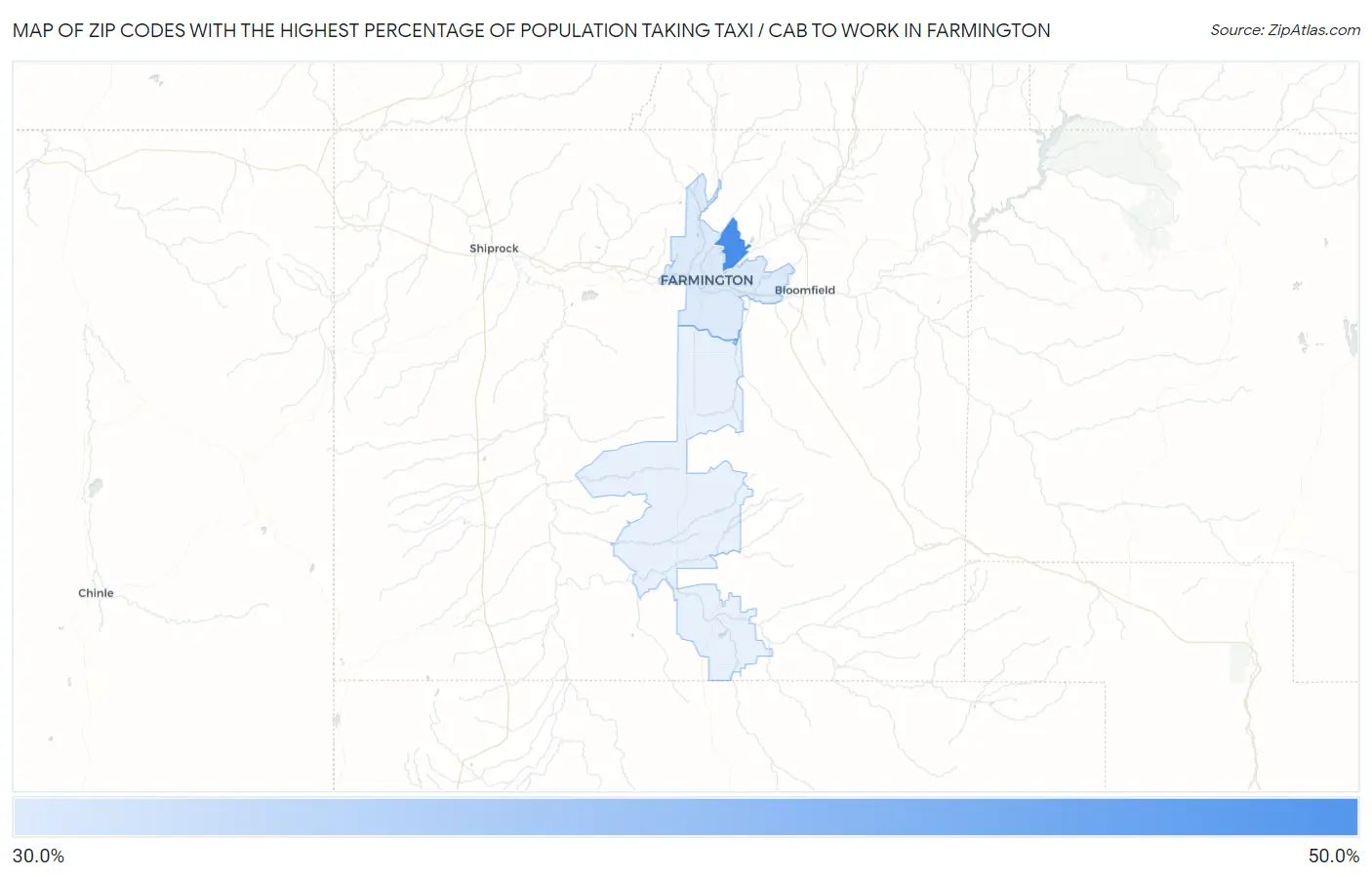 Zip Codes with the Highest Percentage of Population Taking Taxi / Cab to Work in Farmington Map