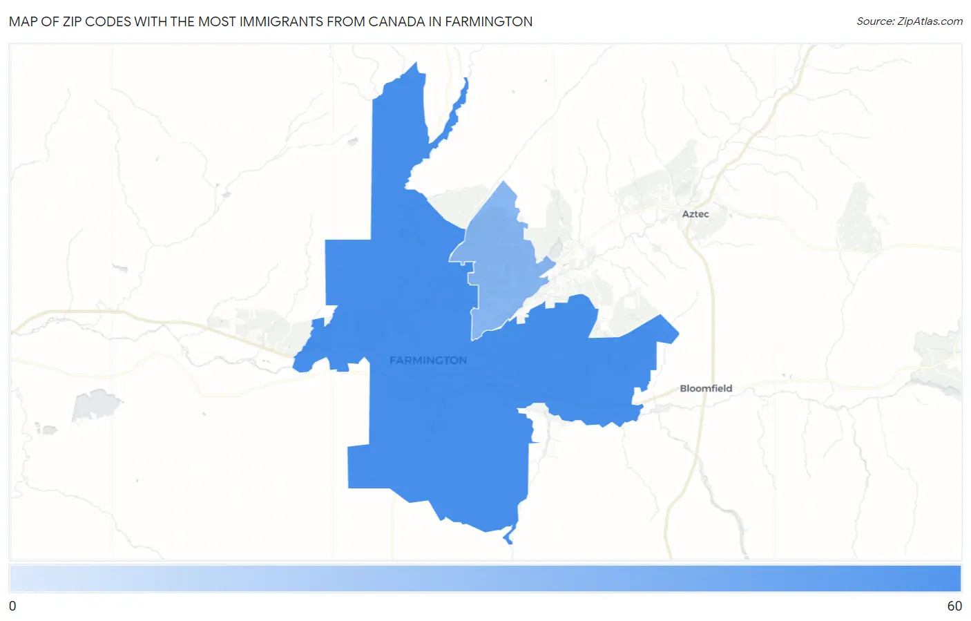 Zip Codes with the Most Immigrants from Canada in Farmington Map