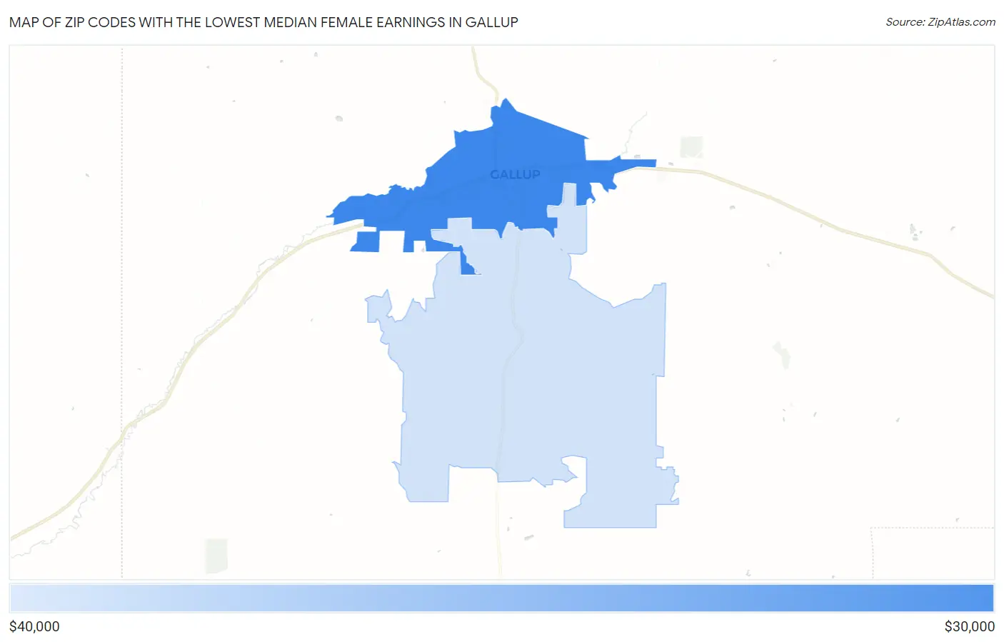 Zip Codes with the Lowest Median Female Earnings in Gallup Map