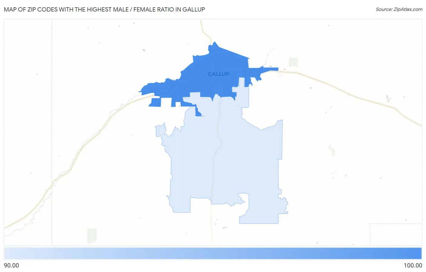 Zip Codes with the Highest Male / Female Ratio in Gallup Map