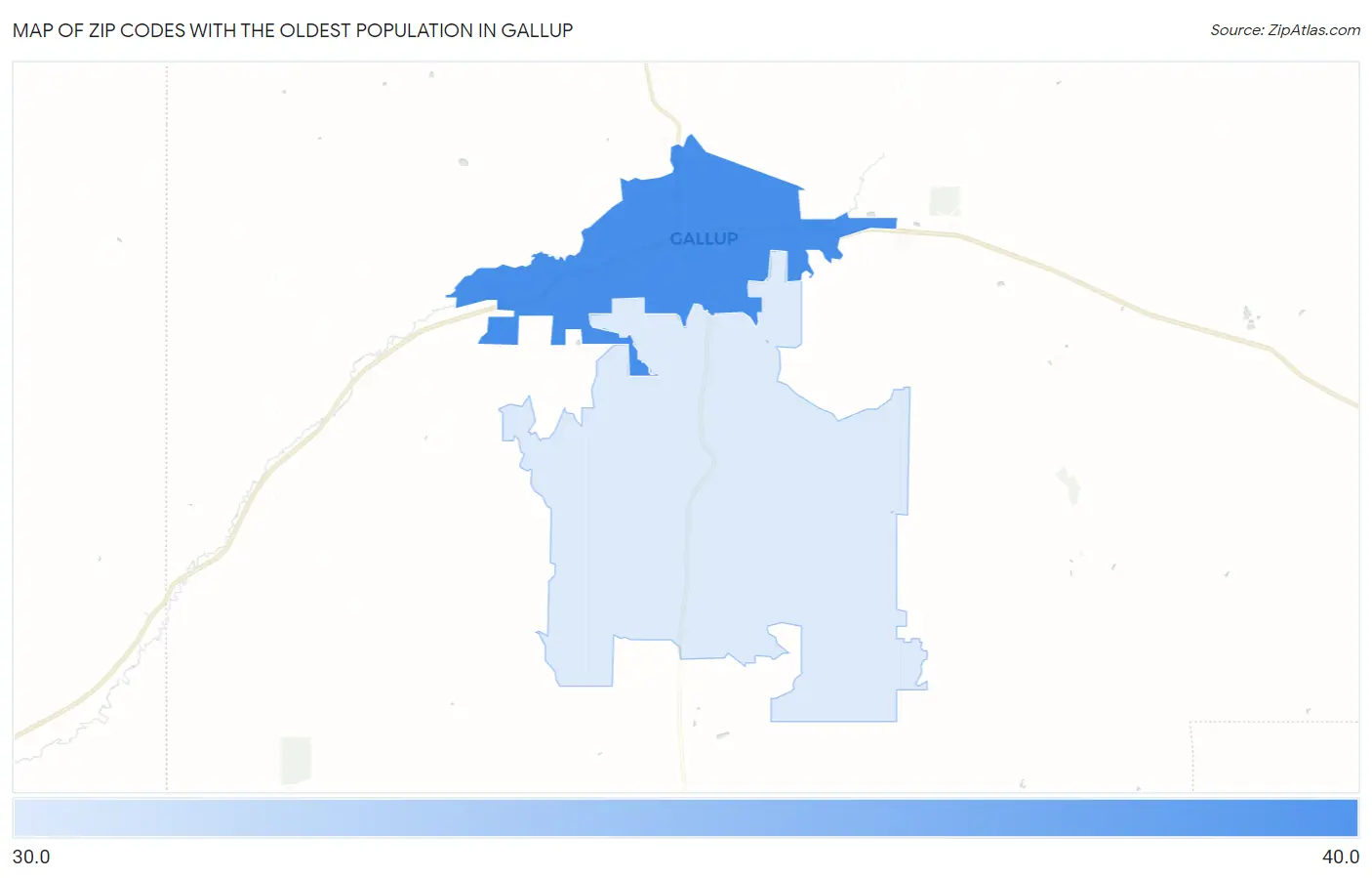 Zip Codes with the Oldest Population in Gallup Map