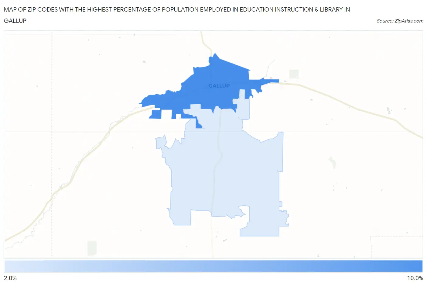 Zip Codes with the Highest Percentage of Population Employed in Education Instruction & Library in Gallup Map