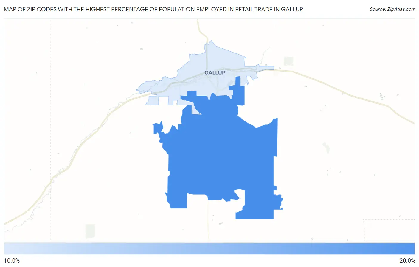 Zip Codes with the Highest Percentage of Population Employed in Retail Trade in Gallup Map