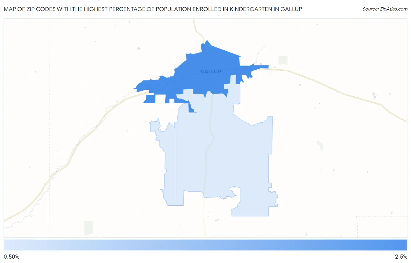 Zip Codes with the Highest Percentage of Population Enrolled in Kindergarten in Gallup Map