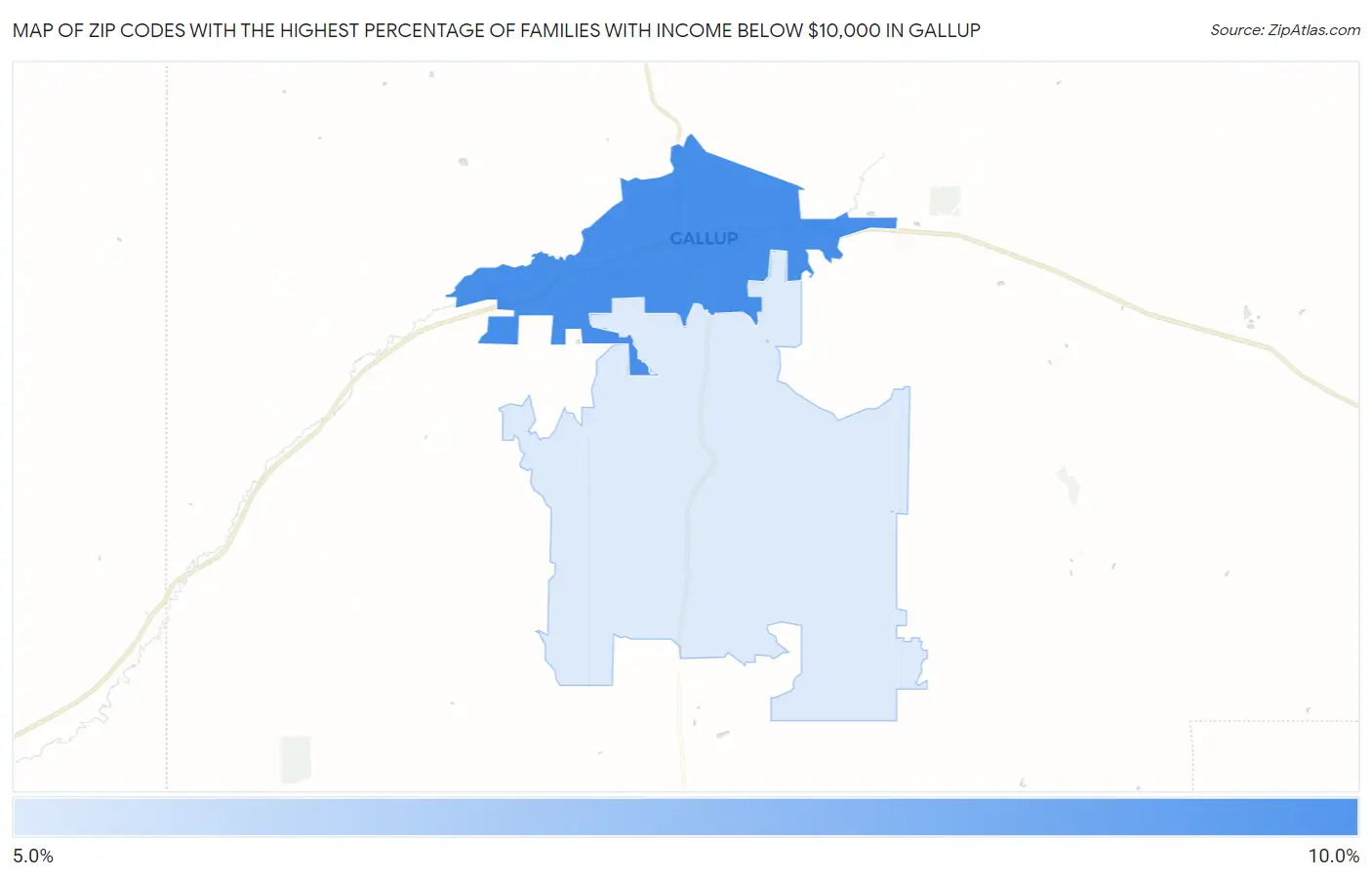 Zip Codes with the Highest Percentage of Families with Income Below $10,000 in Gallup Map