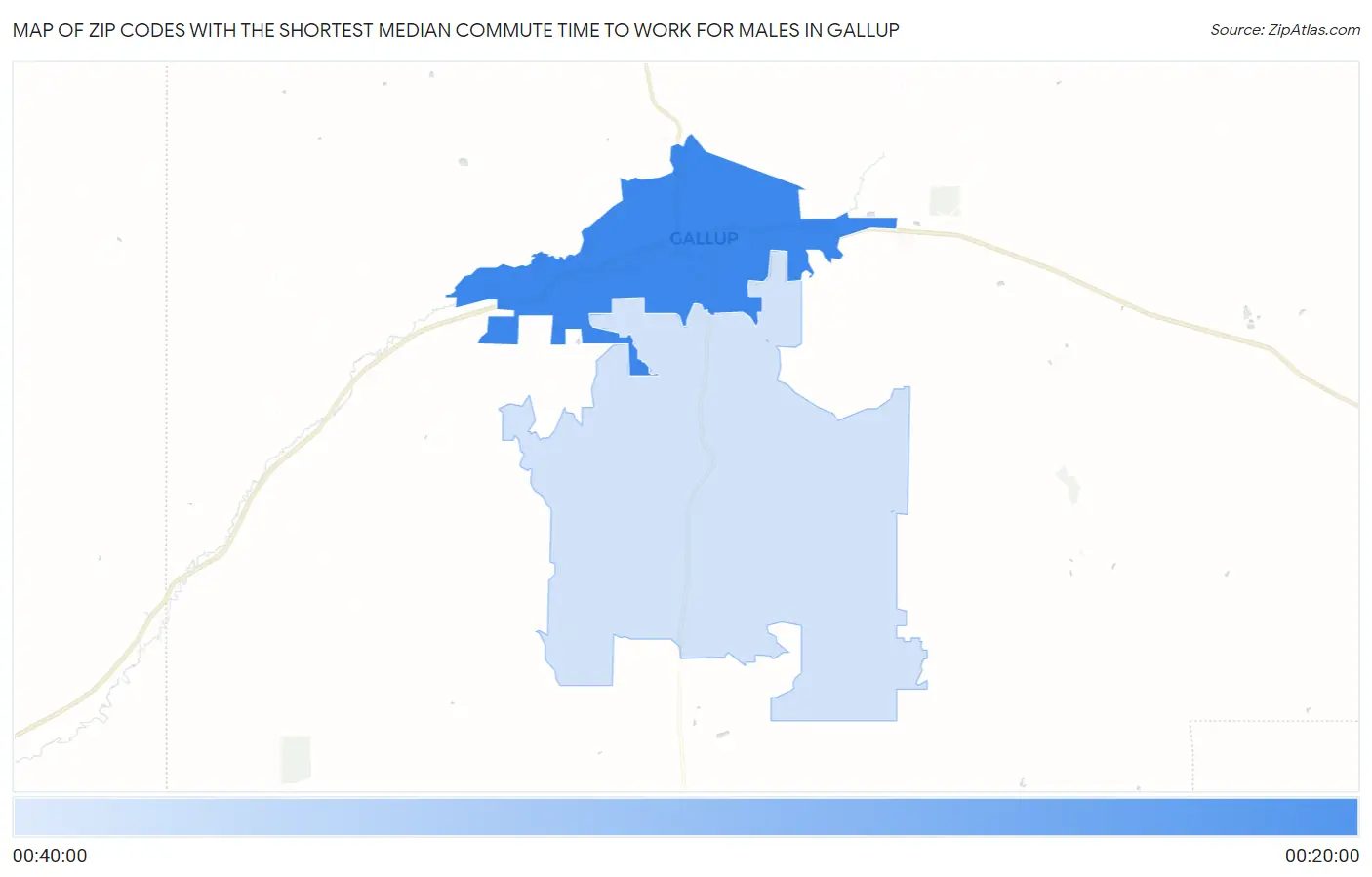 Zip Codes with the Shortest Median Commute Time to Work for Males in Gallup Map