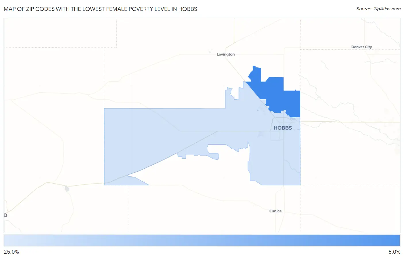 Zip Codes with the Lowest Female Poverty Level in Hobbs Map