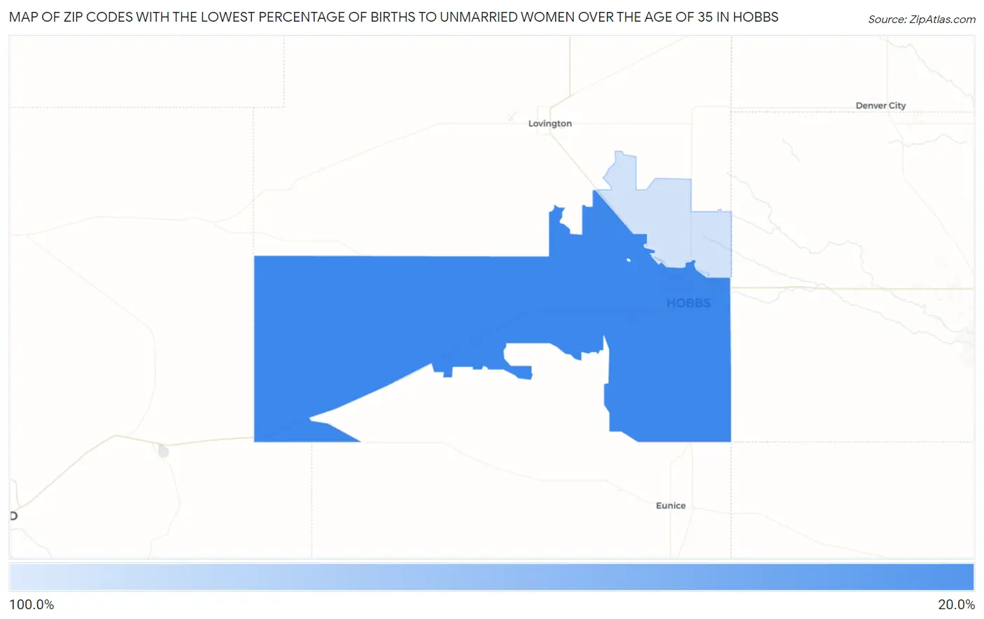 Zip Codes with the Lowest Percentage of Births to Unmarried Women over the Age of 35 in Hobbs Map