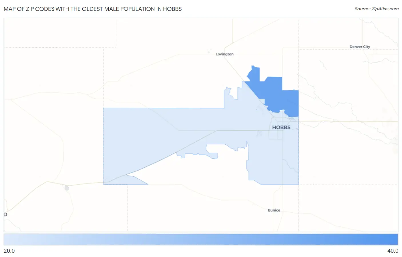 Zip Codes with the Oldest Male Population in Hobbs Map