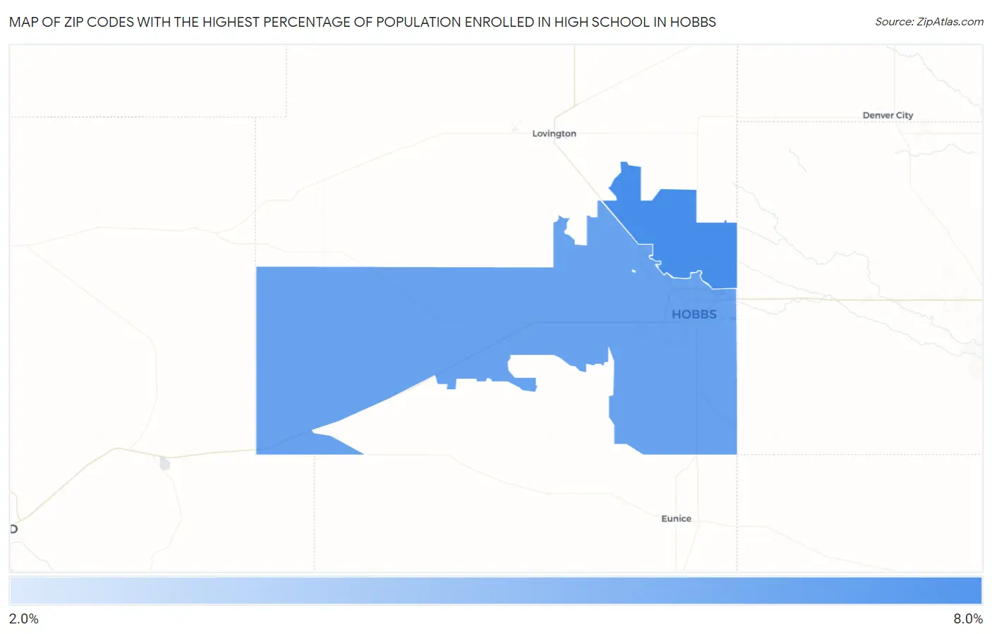 Zip Codes with the Highest Percentage of Population Enrolled in High School in Hobbs Map
