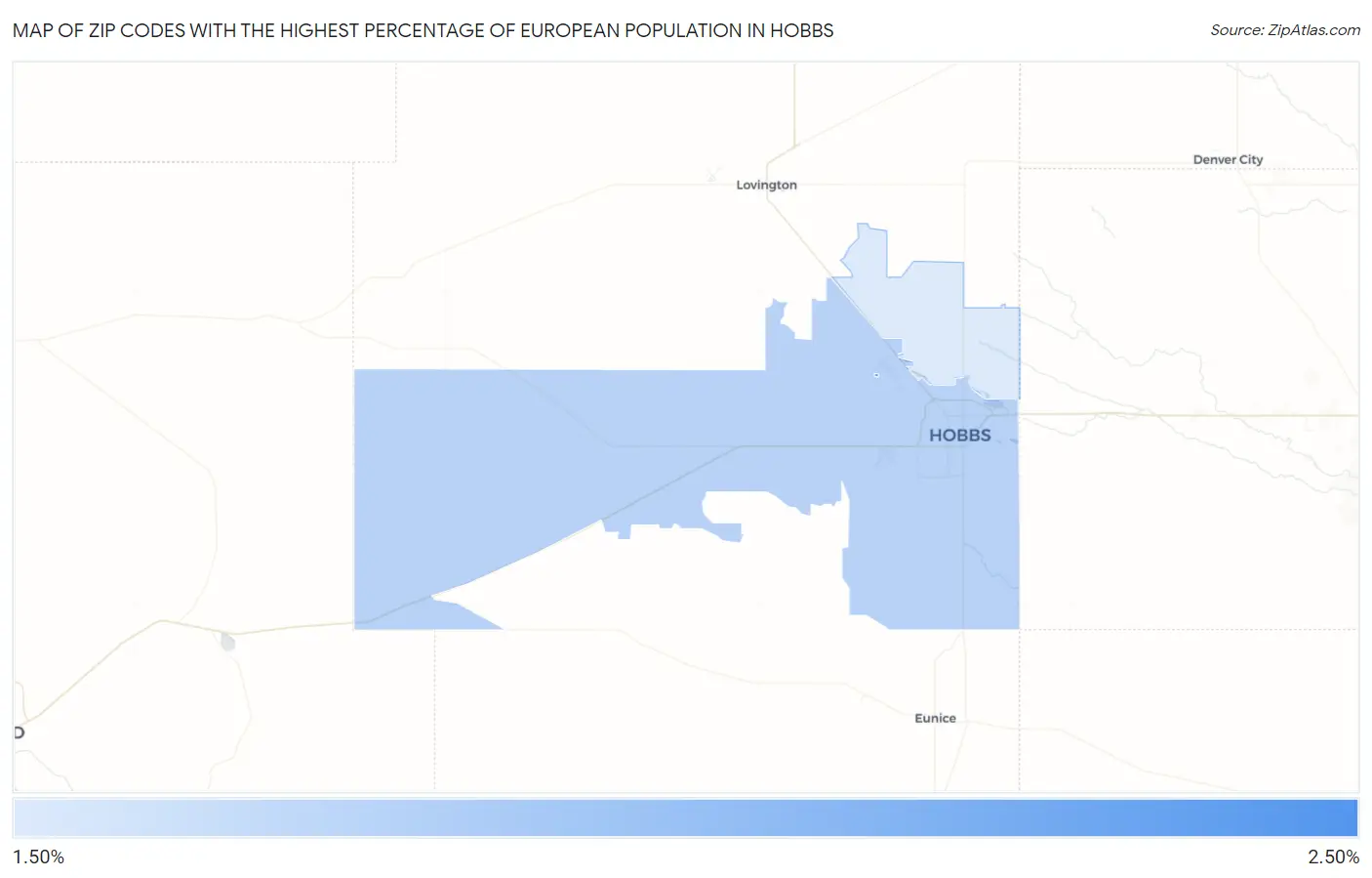 Zip Codes with the Highest Percentage of European Population in Hobbs Map
