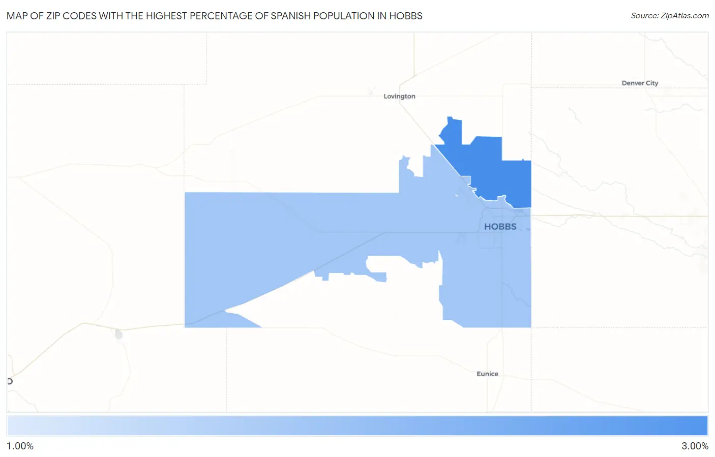 Zip Codes with the Highest Percentage of Spanish Population in Hobbs Map