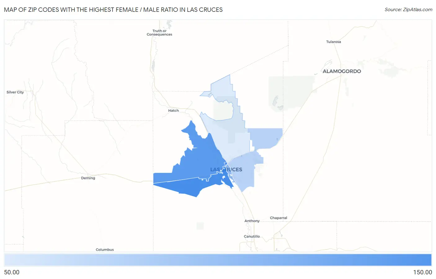 Zip Codes with the Highest Female / Male Ratio in Las Cruces Map