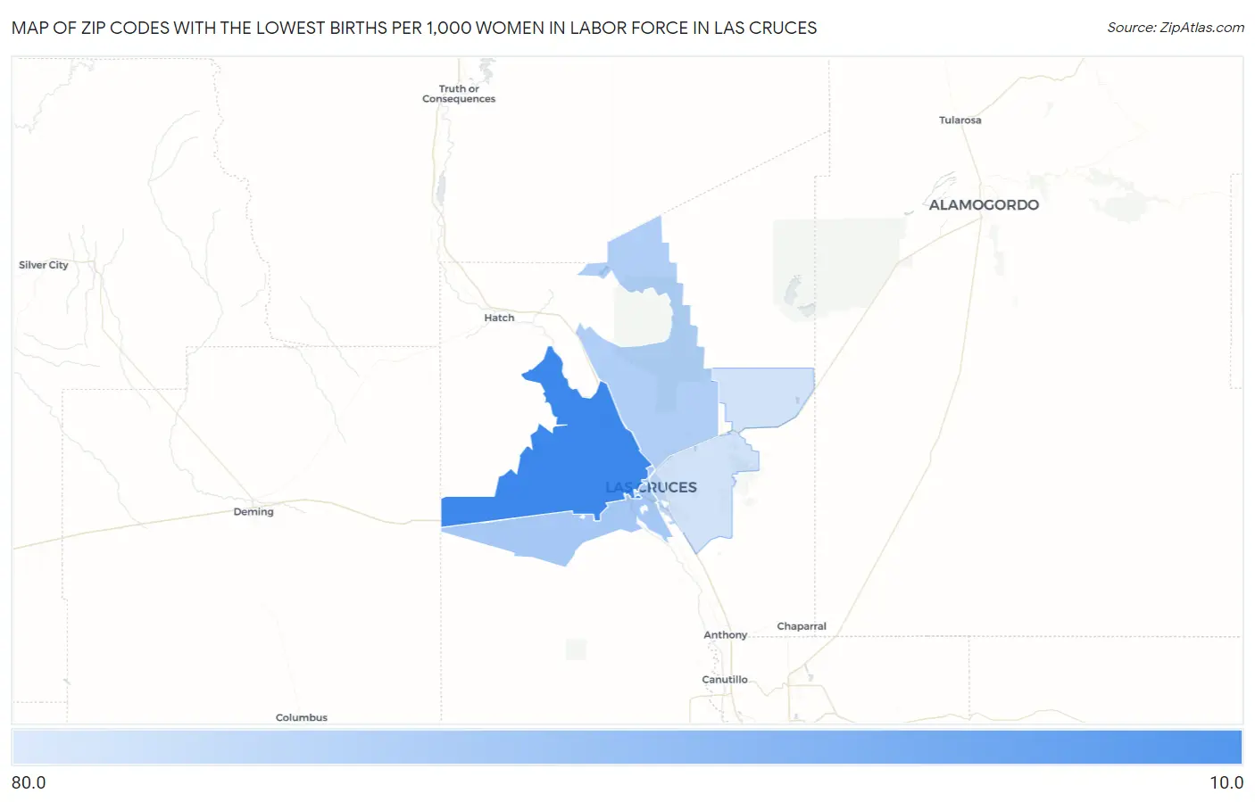 Zip Codes with the Lowest Births per 1,000 Women in Labor Force in Las Cruces Map