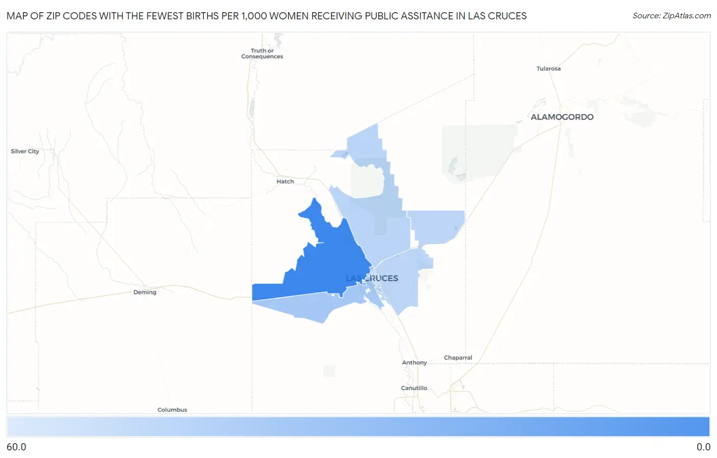 Zip Codes with the Fewest Births per 1,000 Women Receiving Public Assitance in Las Cruces Map