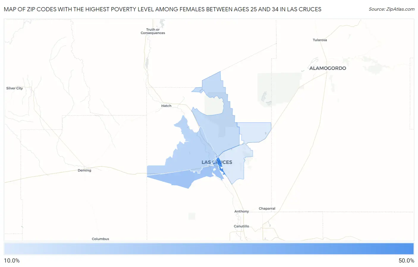 Zip Codes with the Highest Poverty Level Among Females Between Ages 25 and 34 in Las Cruces Map