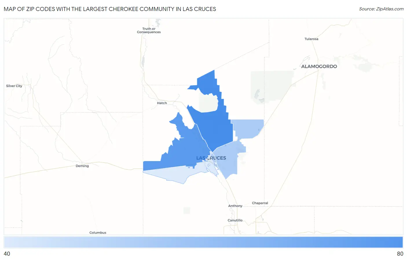 Zip Codes with the Largest Cherokee Community in Las Cruces Map
