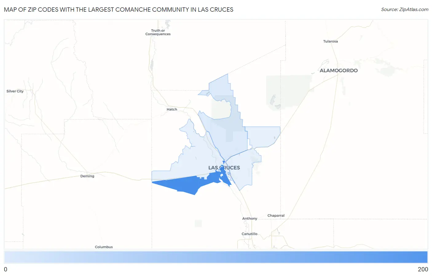 Zip Codes with the Largest Comanche Community in Las Cruces Map