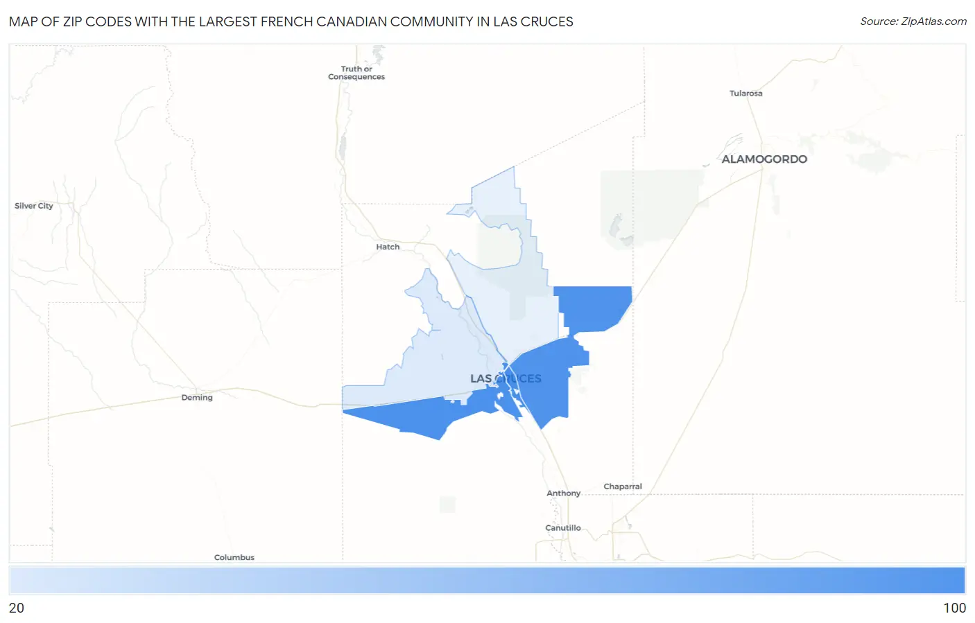 Zip Codes with the Largest French Canadian Community in Las Cruces Map
